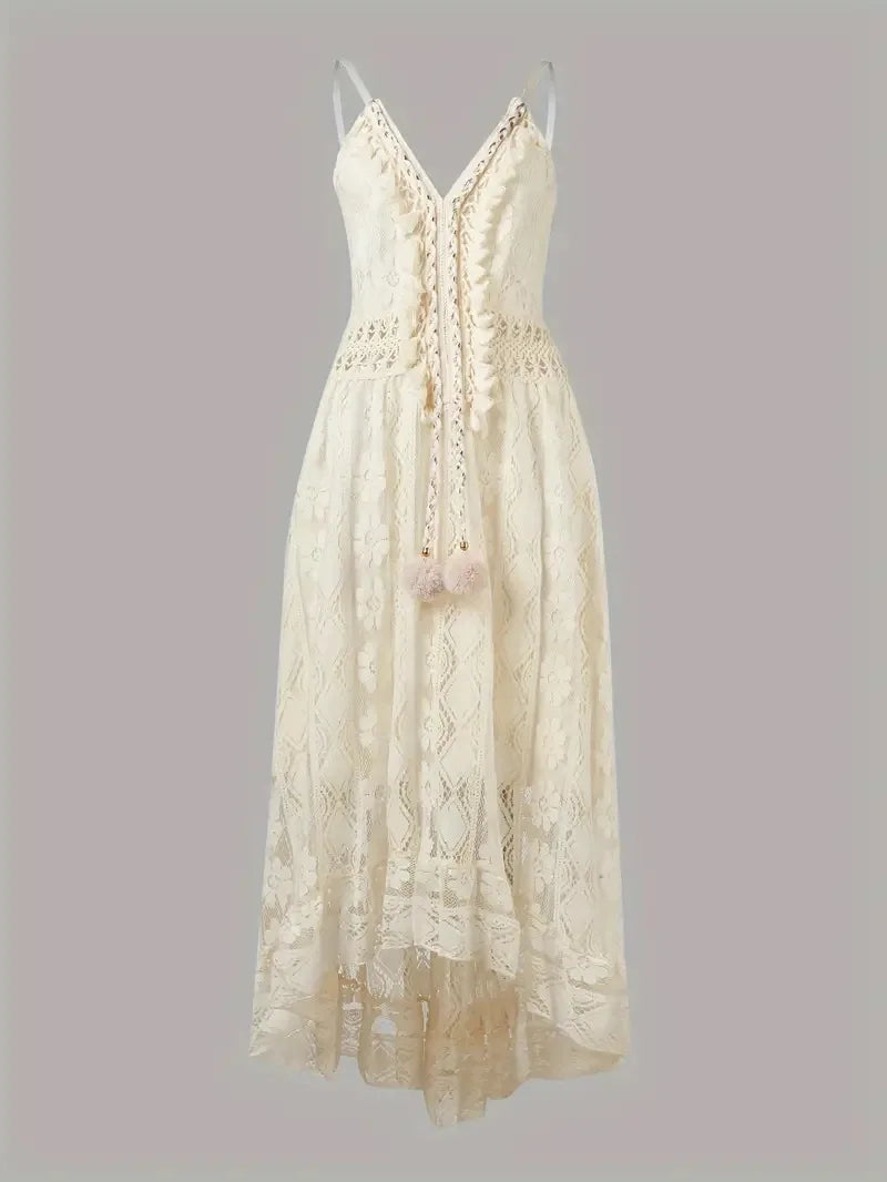 Summer Women Lace Strapless Flared Maxi Dress Solid White Long Dress Sleeveless V Neck Flowy Ruffle Bohemian Dresses