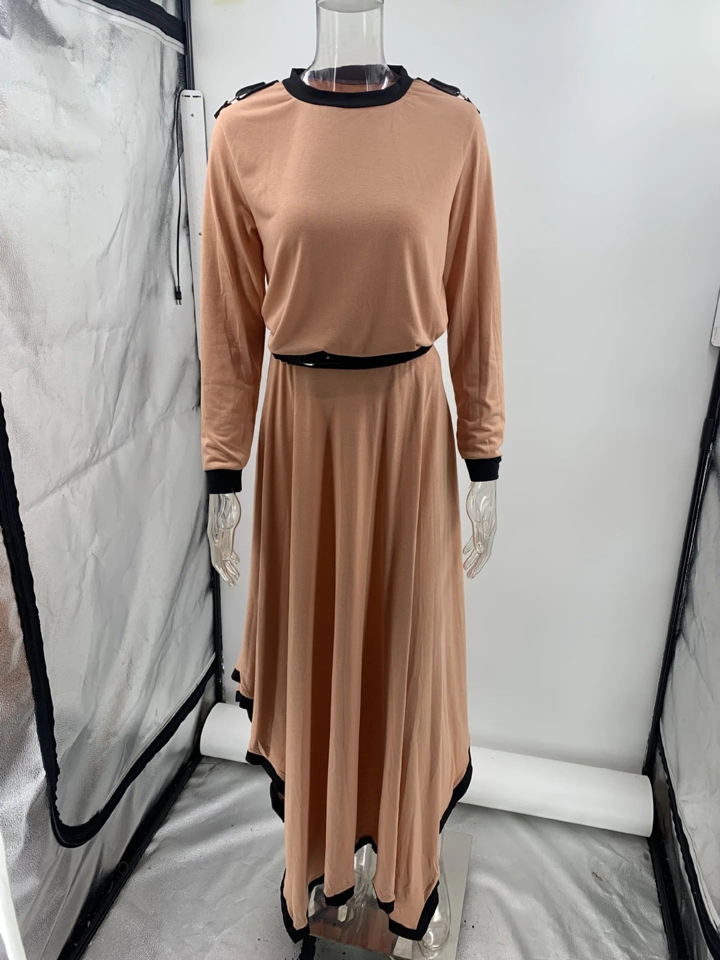 Women Casual Long Sleeve 2Pc Set Fashion Color Blocked Loose 2Pc Outfits Elegant O-neck Pullover Top & lrregular Long Skirt Suit