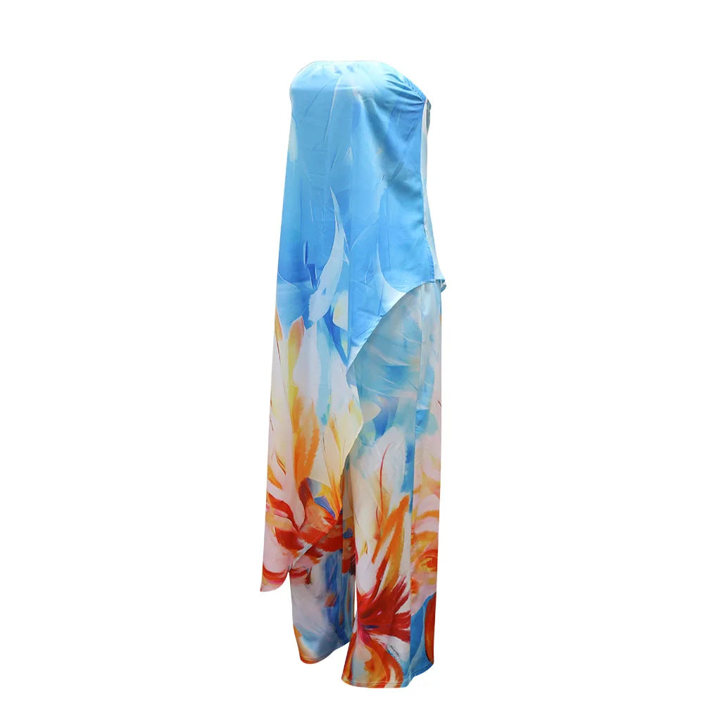 CM.YAYA Beach Holiday Print Women's Set Strapless High Low Blouse Top and Pants Suit 2025 Street Summer Two 2 Piece Sets Outfit