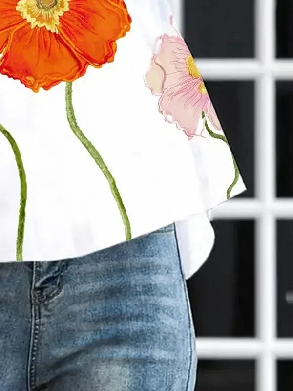 2025 Flower Printed T-shirt for Women Stand Collar Three-quarter Sleeves Loose Fit Shirt Top Summer Casual Blouse