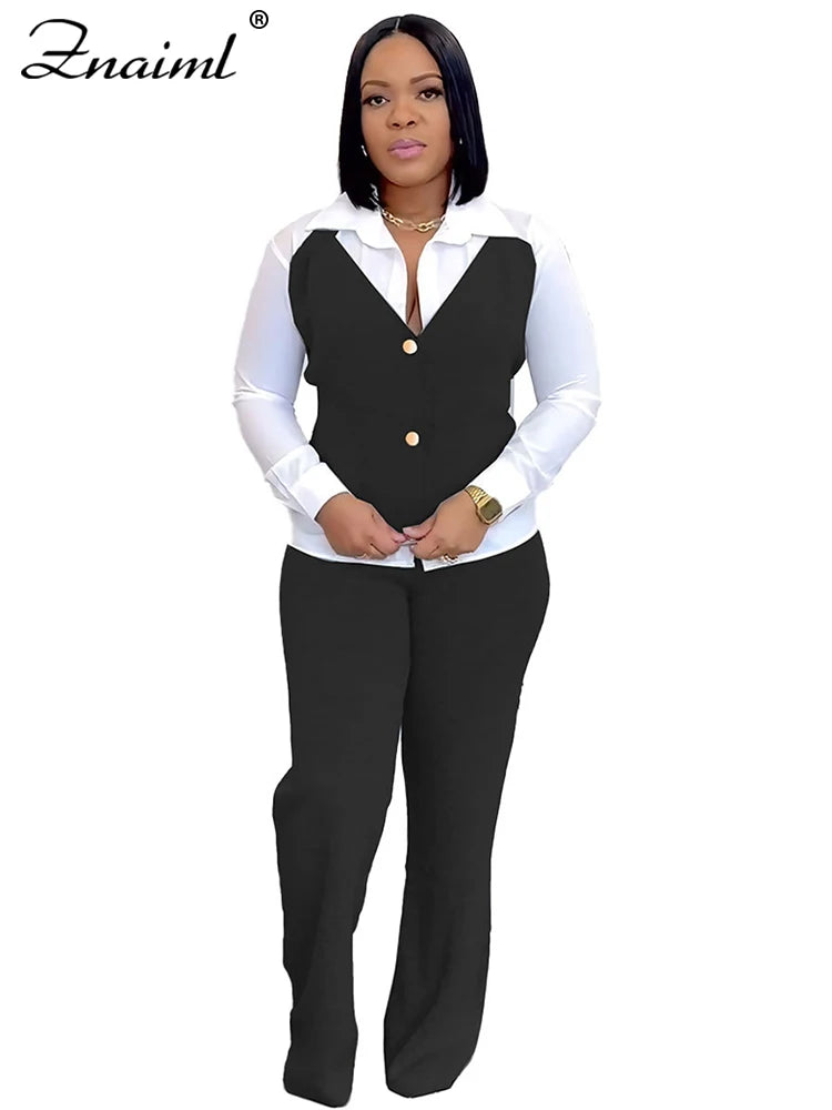Znaiml Elegant Office Women's Long Sleeve Patchwork Vest Shirt and Straight Pants Two 2 Piece Sets Work Suits Matching Outfits