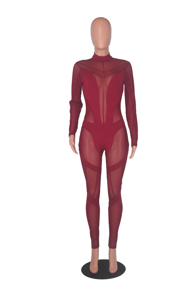 Sexy Sheer Mesh Jumpsuits Women Party Club Outfits Skinny Patchwork Long Sleeve See Through Rompers Womens Jumpsuit Midnight