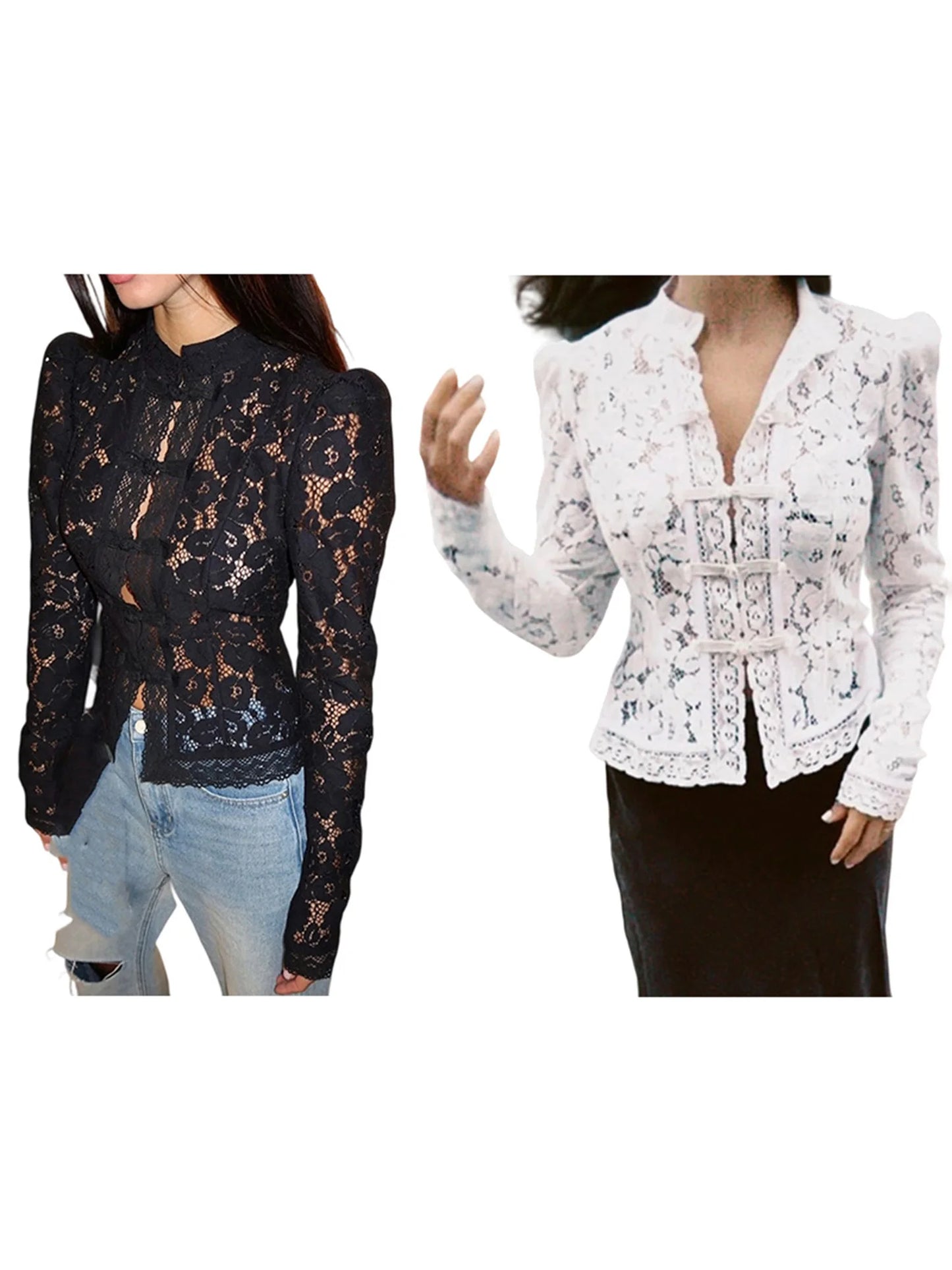 Women s Floral Lace Blouse Long Sleeve Button-up Fit Elegant Spring Sheer Top for Work or Date Night