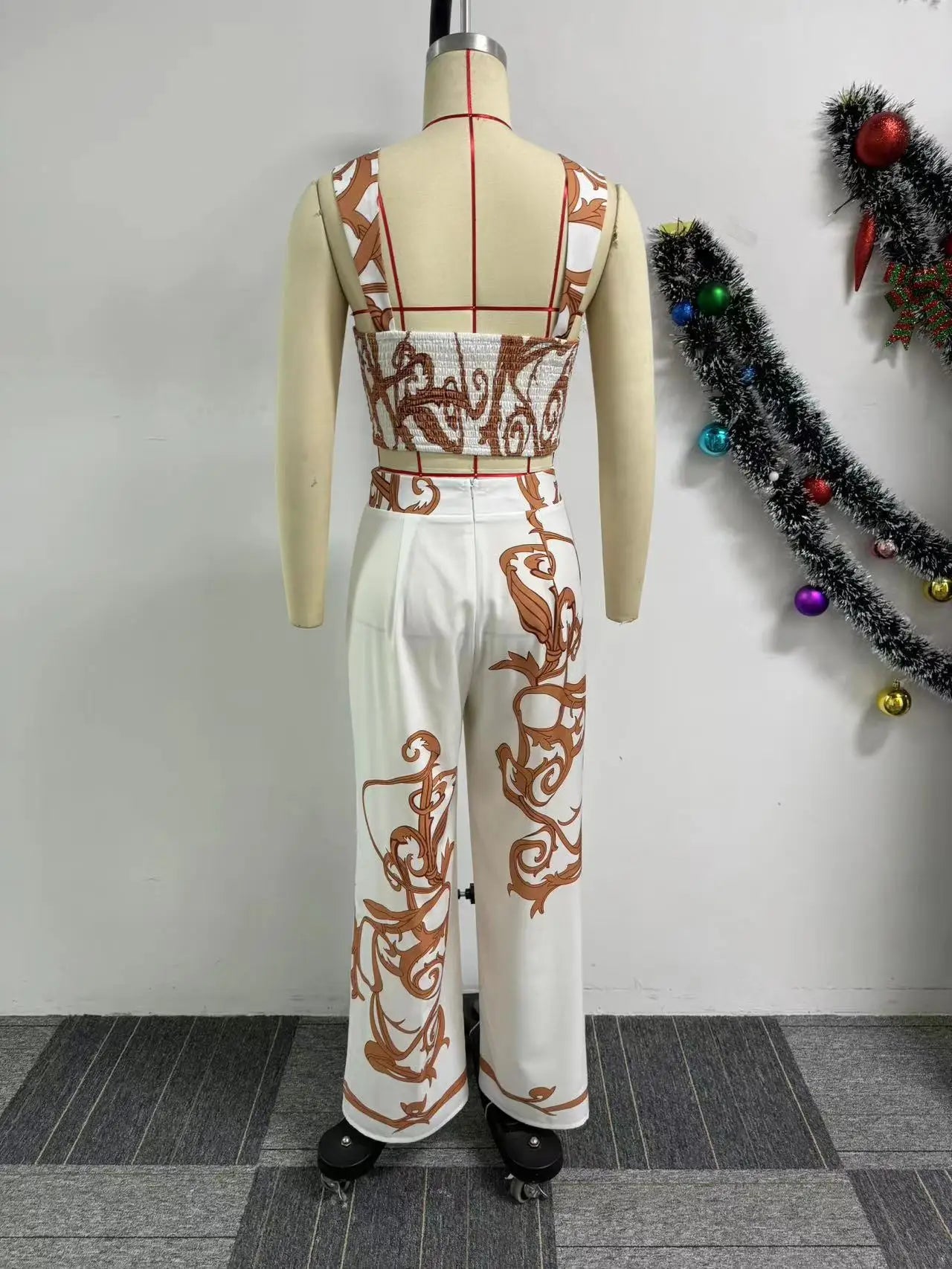 CM.YAYA 2024 Summer Women's Set Sleeveless Strapless Tops +Wide Leg Pants Print Party Street Two 2 Piece Sets Outfits Tracksuit