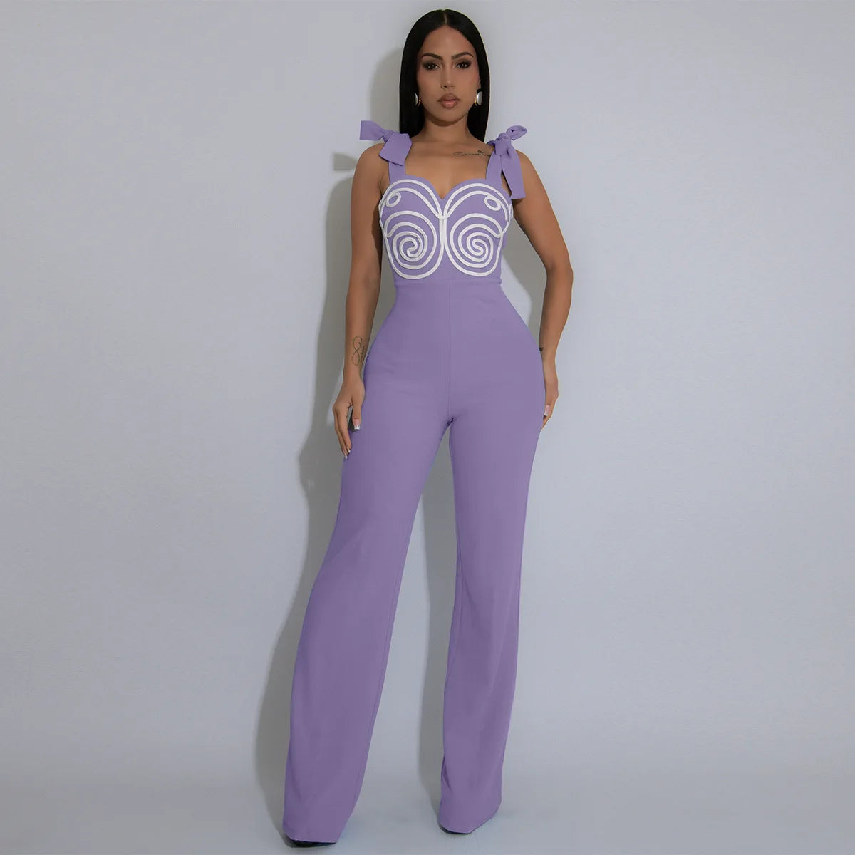 GLCMYAYA Women Geometric Applique Bowknot Shoulder Sleeveless Jumpsuits 2025 Summer Vacation One Piece Set Streetwear Outfits