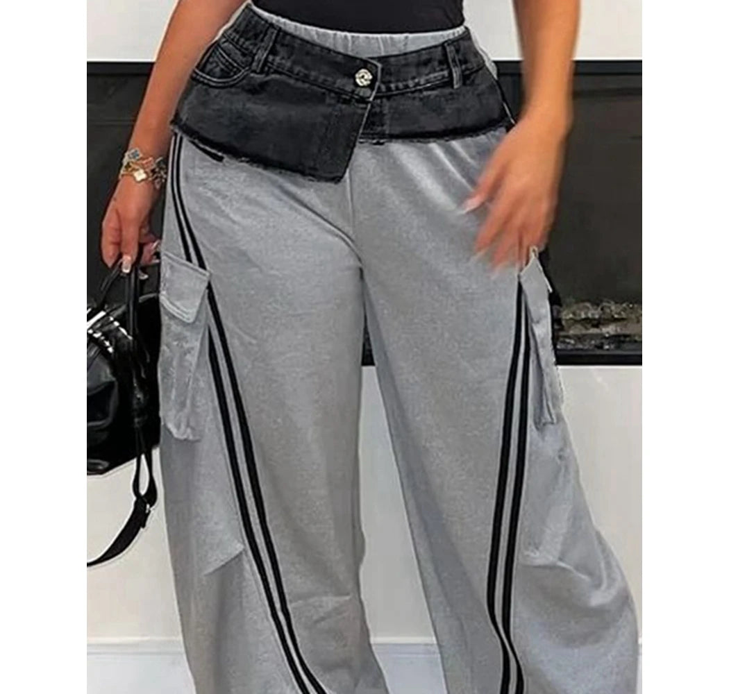 Women's Denim Patchwork Pockets Cargo Pants Side Stripes Wide Leg Casual Streetwear Sweatpants Sports Wear
