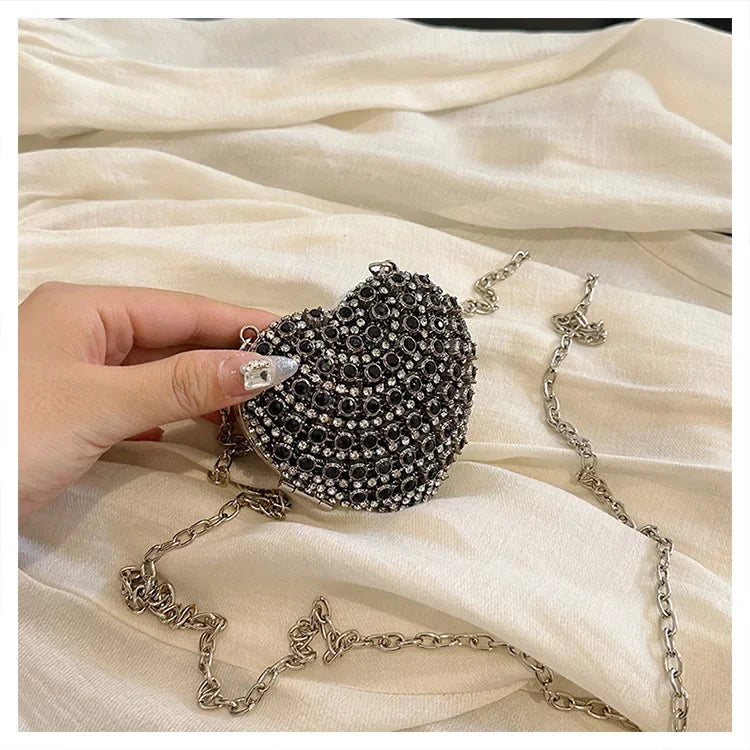 Luxury Mini Diamond Inlay Heart Shape Crystal Clutch Purse Stones Evening Wedding Party Shoulder Bag Handle Rhinestone Handbags