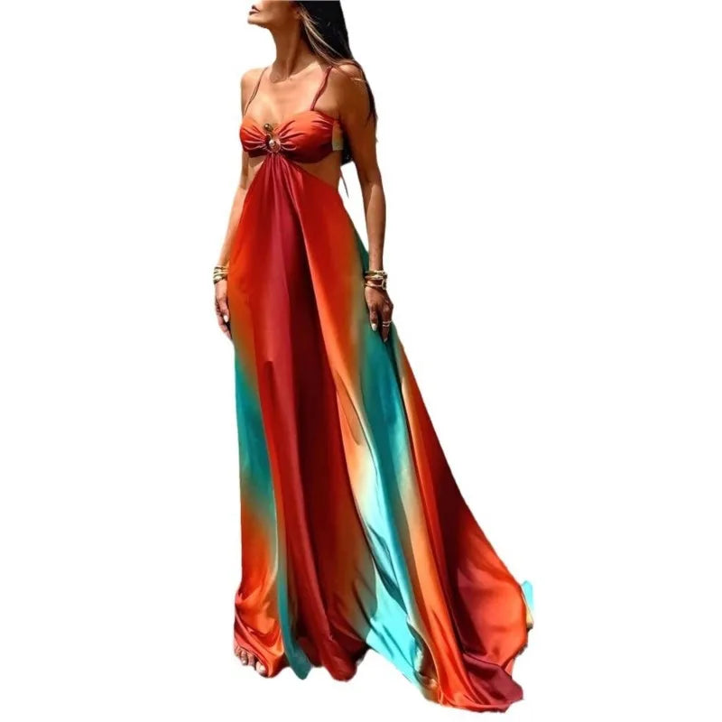 Sexy Gradient Sling Beach Long Dress Women Vintage Sleeveless Lace Up Hollow Out Tube Dresses Female Chic Street Party Holiday
