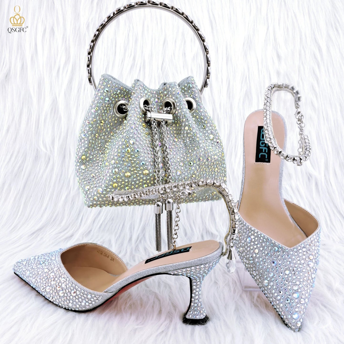 QSGFC Nigerian Popular Pointed Shoes And Bag Handle Soft Small Bag Anklet Design Mid-Heel Women's Shoes