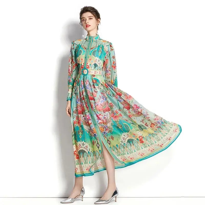 Women's Turtleneck Lantern Sleeve Single Breasted Flower Print Maxi Dress Autumn Bohemian Chiffon Green Belt Holiday Vestidos