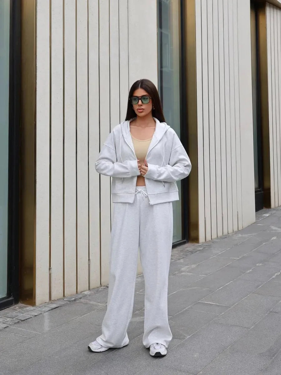 FSMG Casual Hooded Zippers Sweatshirts Pants Set Long Sleeved Cardigan Lace-up Sportswear Two Pieces Set Female Tracksuit Suit