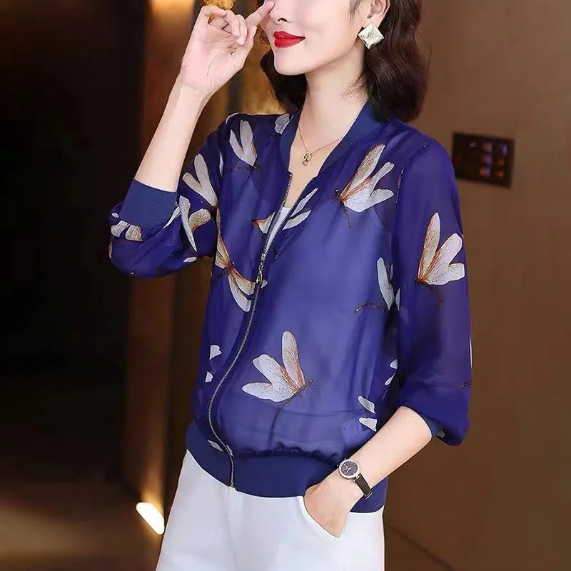 Fashion Print Jacket Female Spring Top 2024Summer UV Protection Joker Short Chiffon Sunscreen Clothing Female Top Thin Shirt Top