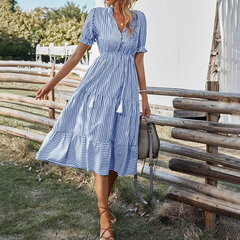 Summer Women's Striped Short Sleeve V-Neck Elastic Waist Dress