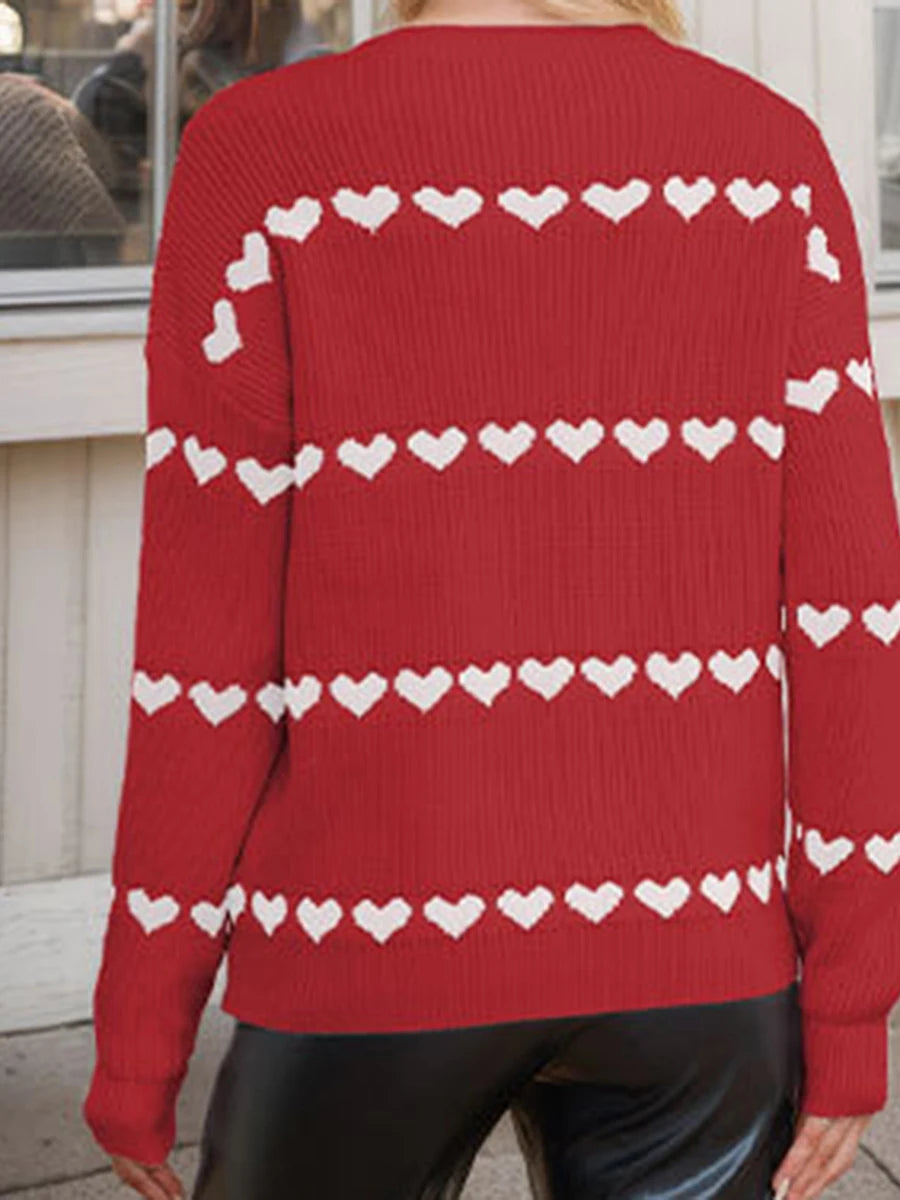 Women Valentine's Day Knit Sweater Heart Print Long Sleeve Round Neck Pullovers Fall Winter Casual Loose Knitted Jumpers Tops
