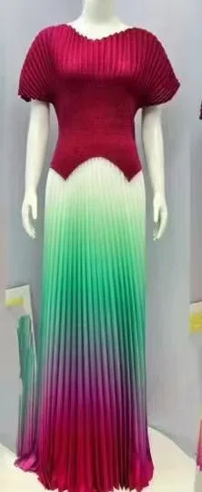 CM.YAYA Gradient Women's Set Short Sleeve V-neck Tops and Pleated Long Skirts Suit Street Two 2 Piece Dress Set African Outfits