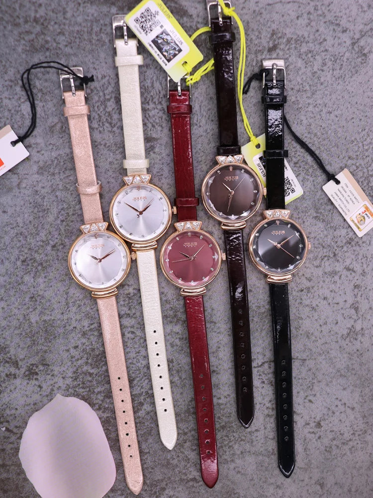 Aquarius CZ Julius Lady Women's Watch Japan Quartz Fashion Rhinestones Hours Bracelet Real Leather Girl's Gift Box