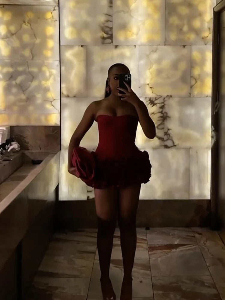 Women's Sexy Strapless Red Mini Skirt and Off-Shoulder Corset Top Two-Piece Set Lace Up Elegant Quality Luxury Party Dress