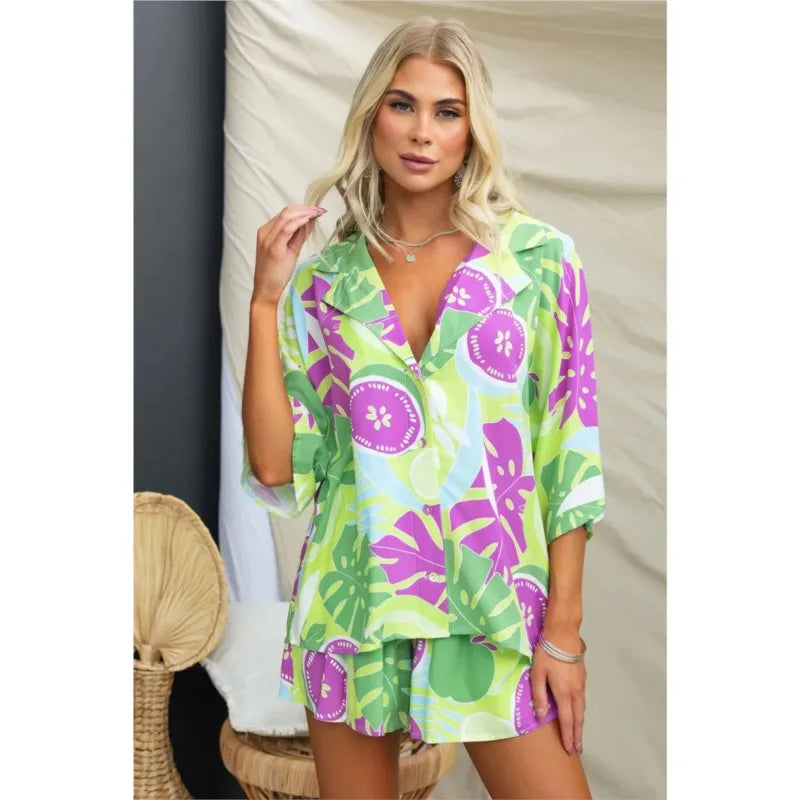 Summer Women Retro Print Short Sleeve 2PCS Loose Suits Casual V-Neck Shirt Top Elastic Waist Short Pants Sets Beachwear