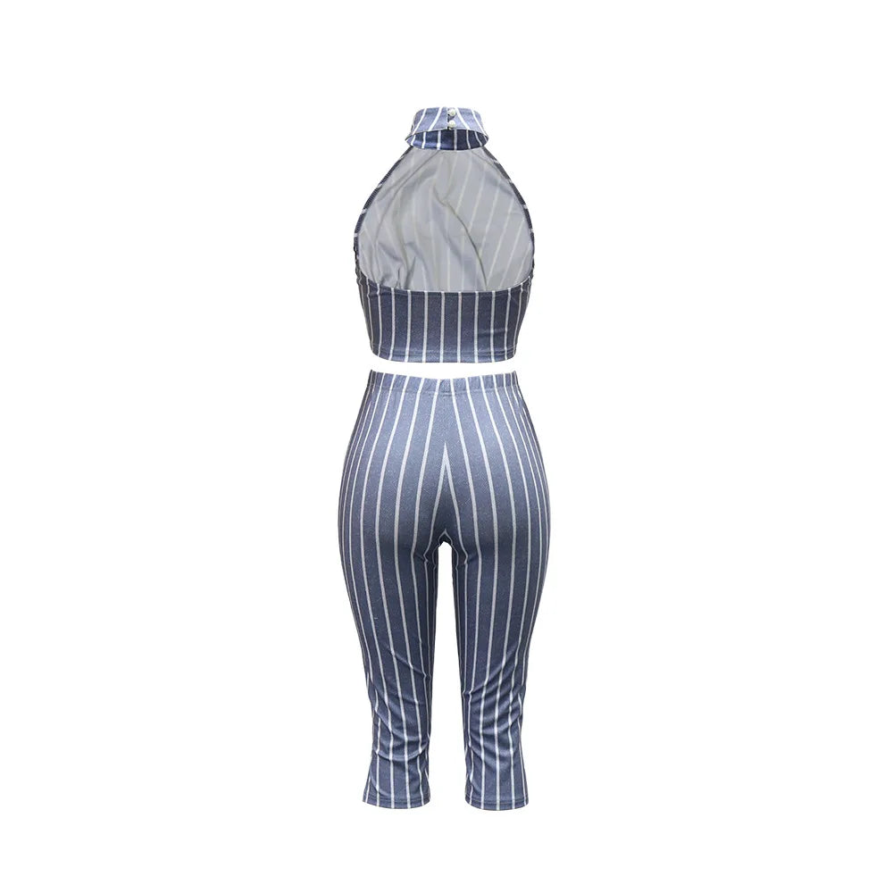 CM.YAYA Striped Printed Women's Set Sleeveless Necktie Tops and Leggings Pants 2025 Sexy Party Two 2 Piece Sets Outfit Tracksuit