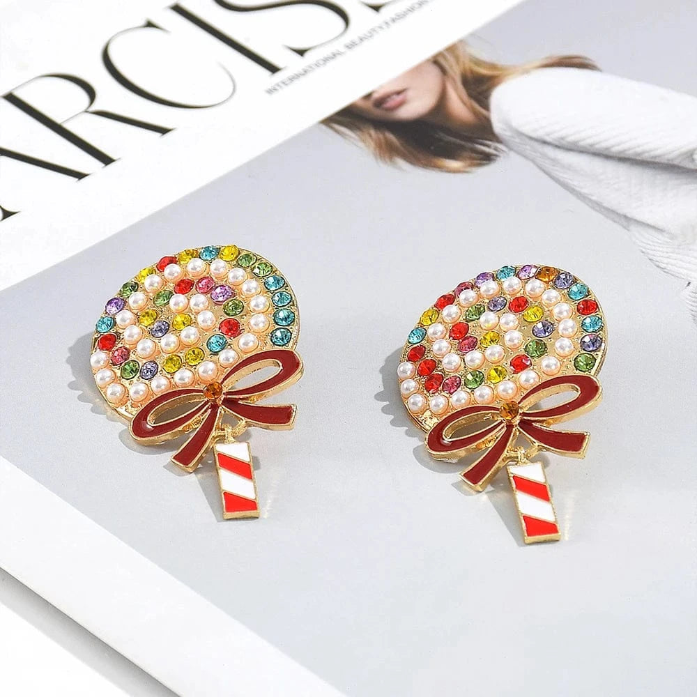 Lovely Multicolor Crystal Candy Earrings for Woman Girls Sweet Cute Imitation Pearl Lollipop Earrings Holiday Jewelry Gifts