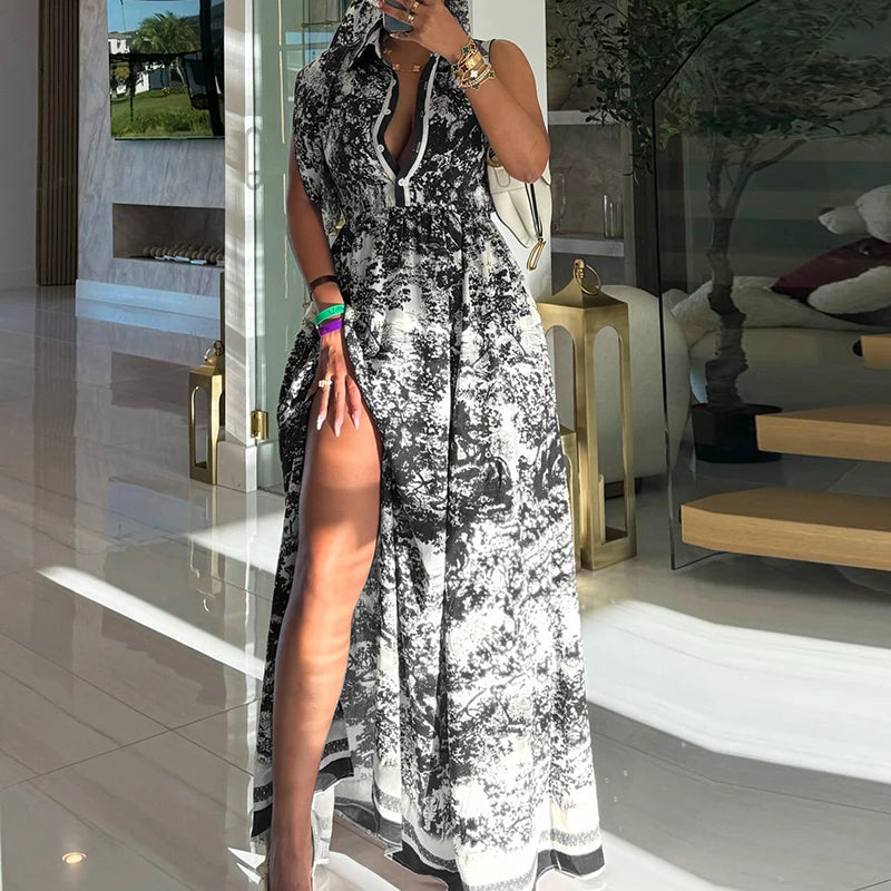 Retro Pattern Printed Button High Waist Dress Casual Women's Lapel Sleeveless Shirt Dress New Summer Fashion Split Beach Dresses