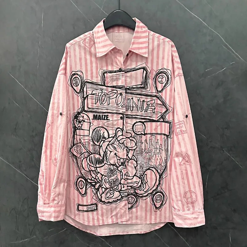Spring and Summer New Cartoon Design Striped Long-sleeved Shirt Women's Loose Sweet College Style Long Pink Top Single Breasted
