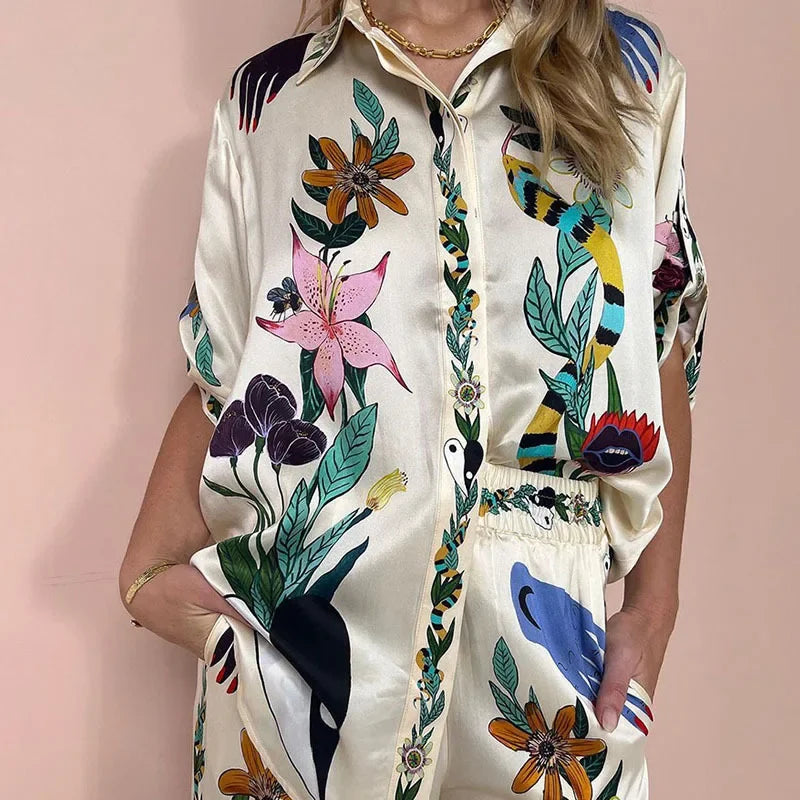 Long Sleeve Long Pant Sets Women Retro Lapel Single Breasted Blouses Trousers 2 Piece Set Printed Color-blocking Elastic Waist
