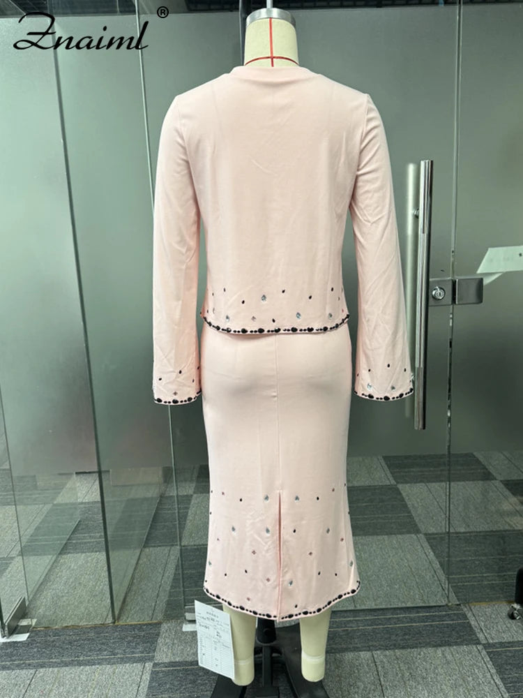 Znaiml Pink Diamonds Patchwork Two Piece Set for Women V-Neck Long Sleeve T-shirt Tops and Pencil Skirt Suit Casual Female New