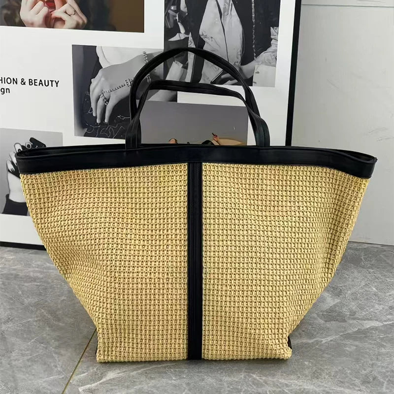 New Brand Woven Women's Tote Bag Large Capacity Splice Versatile Woven Beach Bag Fashion Single Shoulder Straw Bag Underarm Bag