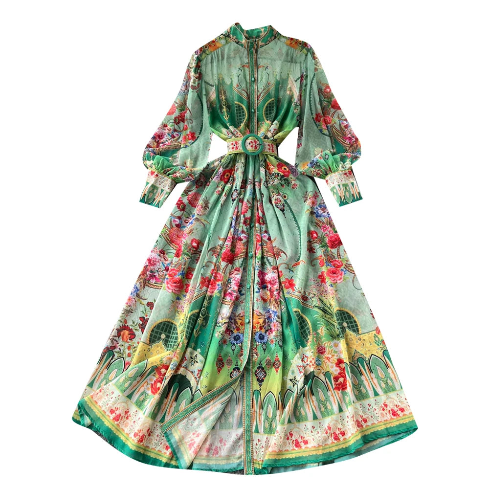 Women's Turtleneck Lantern Sleeve Single Breasted Flower Print Maxi Dress Autumn Bohemian Chiffon Green Belt Holiday Vestidos