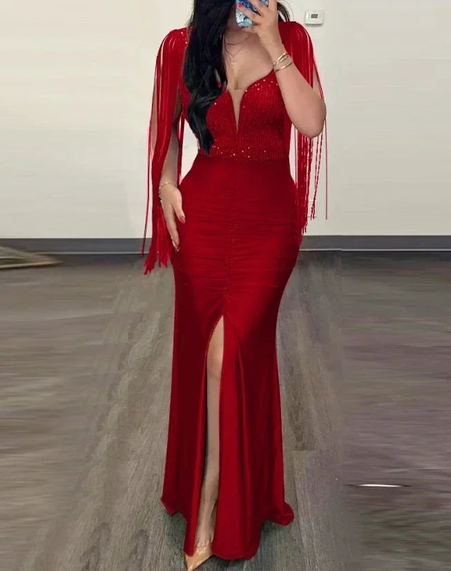 Evening Dresses Women Clothes Fashion Rhinestone Cold Shoulder Slit Ruched Party Elegant Long Bodycon Dress Summer 2024 New