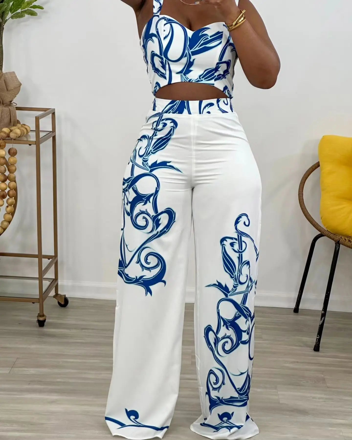 CM.YAYA 2024 Summer Women's Set Sleeveless Strapless Tops +Wide Leg Pants Print Party Street Two 2 Piece Sets Outfits Tracksuit