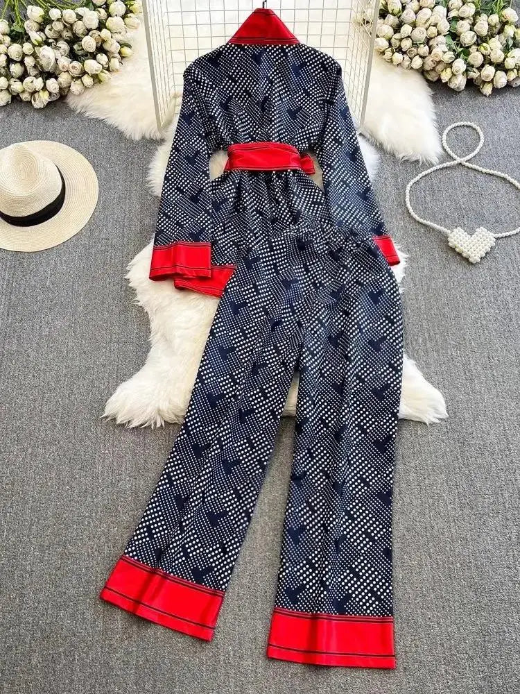 Women Contrast Dot Print V-Neck Loose Lace Up Top+Elastic Waist Wide Leg Pant Suit Autumn Fashion Kimono Cardigan Two Piece Set