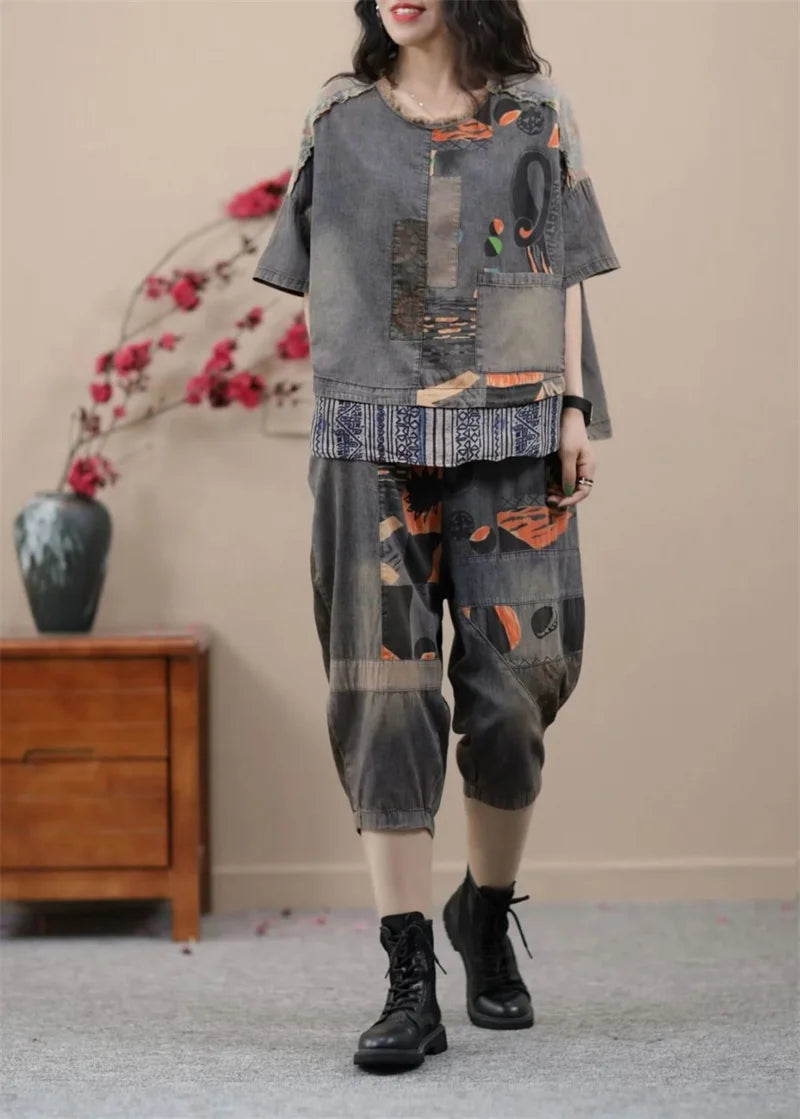 2024 Female Korean Ethnic Style Denim Harlan Pants Sets two-piece Women's Summer New Small Casual High-end Clothing Printing Set
