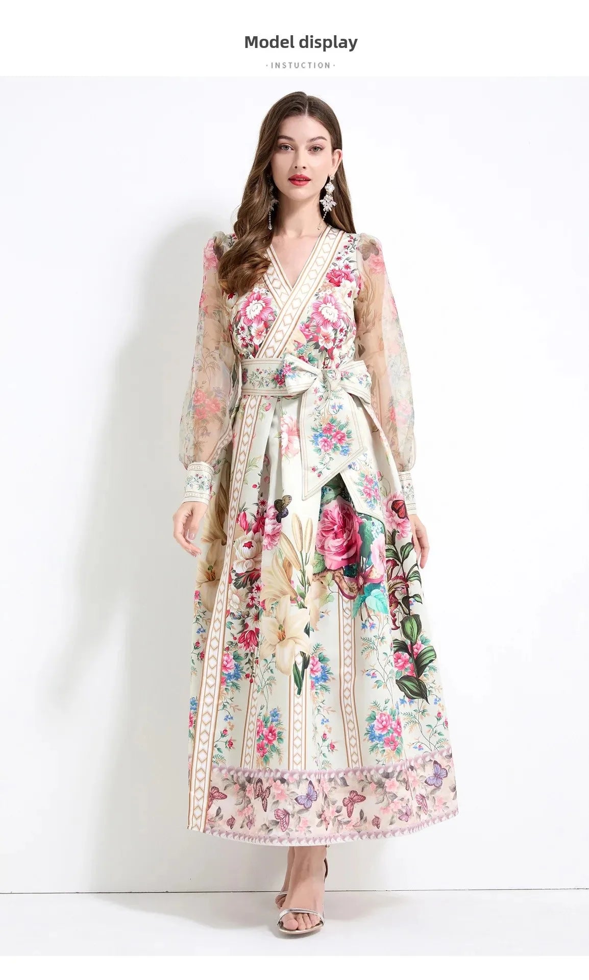Retro Court Style V-Neck Lace Lantern Sleeve Belted Waist Design Large Print Dress Floral Print Women's Dress Fashionable Gown