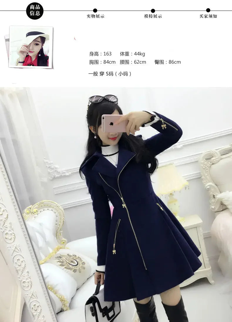 2025 Autumn Winter Clothing Deep Blue Zippered Long Sleeved Woolen Coat Jacket Women, Medium Length Slim Fit Thickened