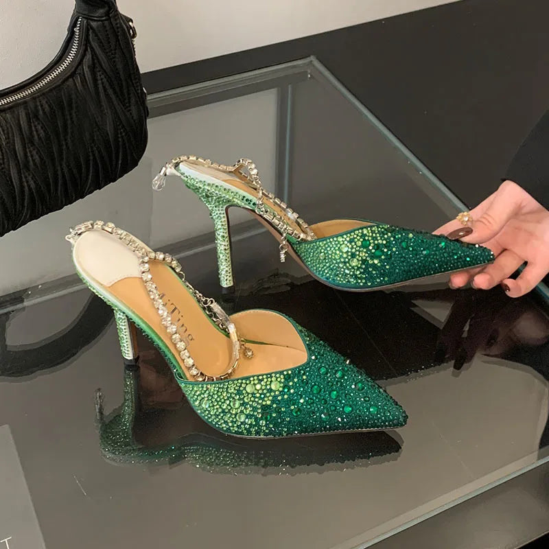 Fashion Luxury Rhinestones Ladies High Heels Shoes Bling Female Pointed Toe Footwear Ankle Buckle Women Thin Heels Shoes Pumps