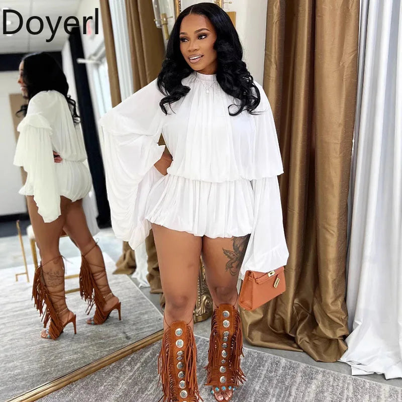 Doyerl Pleated Ruffles 2 Piece Set Woman Y2K Rave Clothing Festival Long Flare Sleeve Top and Short New in Matching Sets Outfits