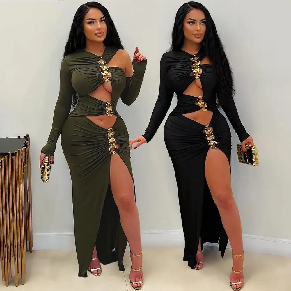 Joskaa Elegant Metal Decoration Hollow Birthday Dress Woman Sexy Irregular Full Sleeve High Split Maxi Dresses 2025 Clubwear