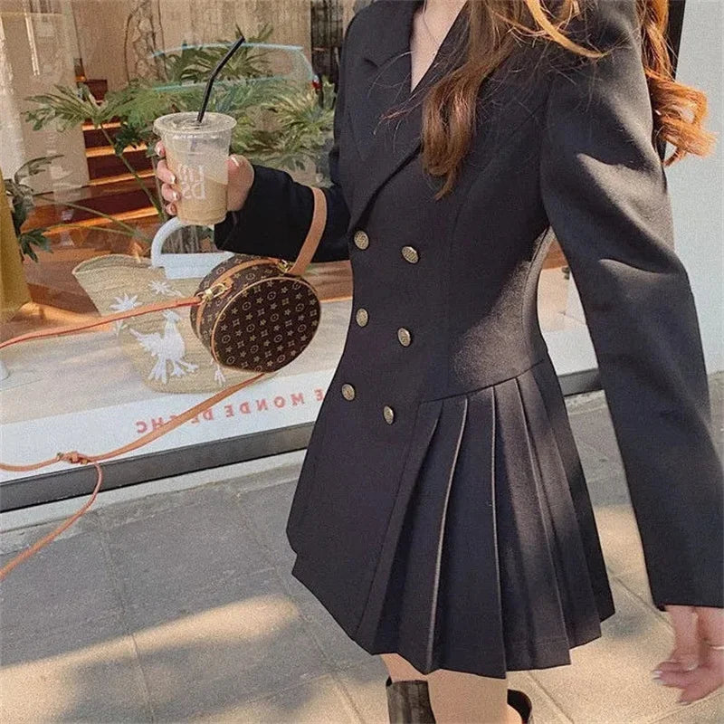 4XL Women's Fat mm Hepburn Double breasted Blazer Suit Dress Autumn and Winter Waist Shrinking Long Sleeve Pleated Dress Orange
