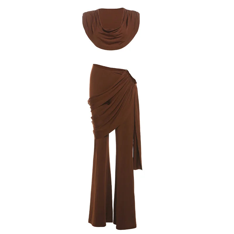 Weird Puss Pleats Elegant 2 Piece Set Women Sexy Low Neck Sleeveless Crop Tops+Irregular Waist Tassel Straight pants Solid Suit