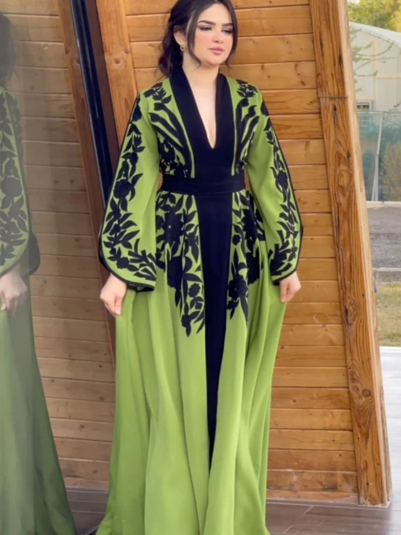 2025 New Spring Summer Muslim Robe Dress Fashion Flared Sleeves V-Neck Appliques Party Evening Maxi Dresses For Women