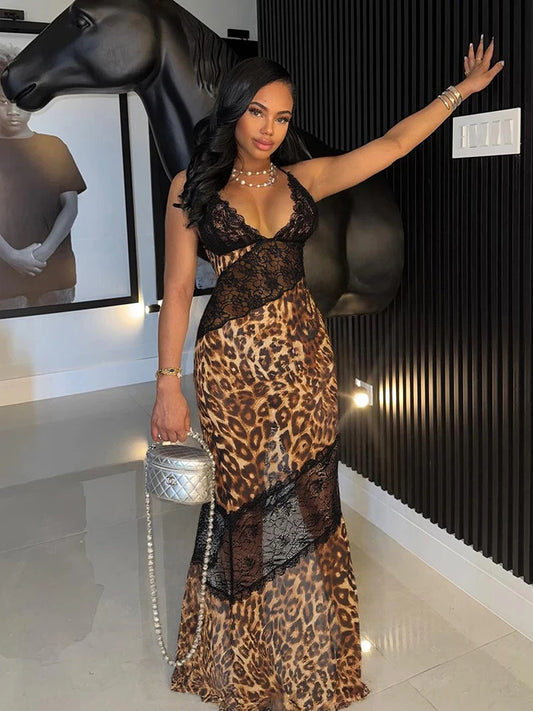 Weird Puss Mesh Patchwork Mermaid Dress Women Leopard Print Sexy Low-Neck Cleavage Backless Ruched Midnight Fashion Long Bodycon