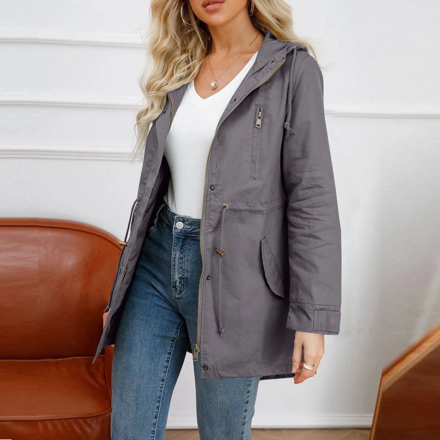 Women's Hooded Trench Coat Spring Autumn Fitted Solid Color Jacket for Daily Outdoor Camping Hiking