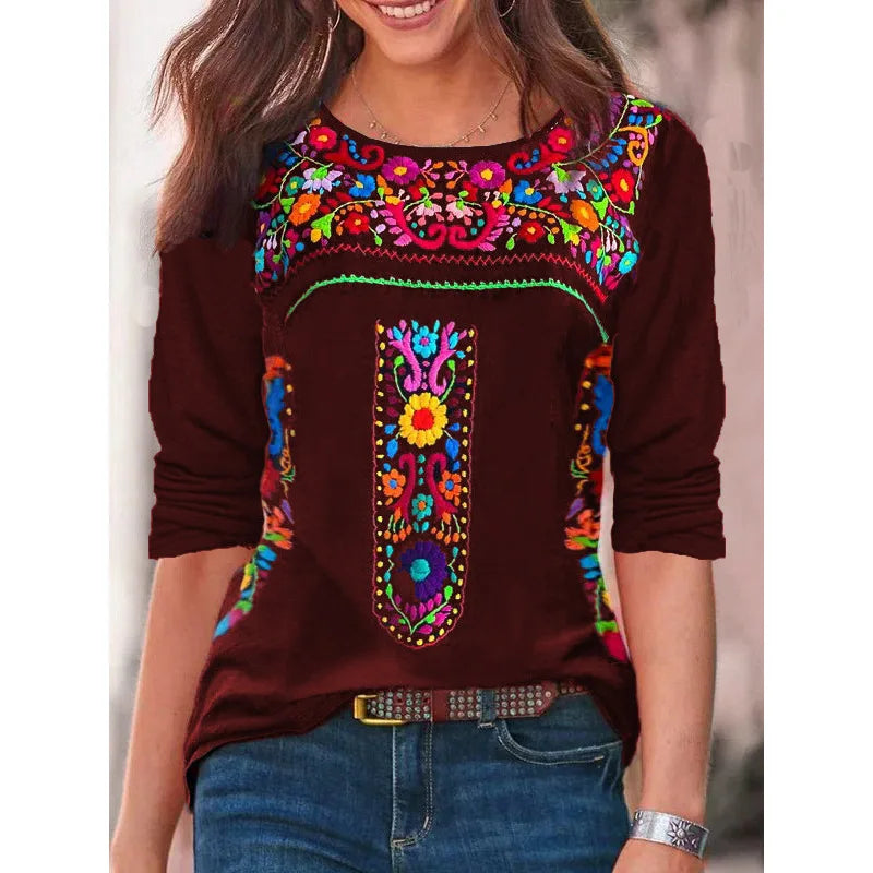 2024 Europe and the United States spring and summer new women's top Bohemian print V-neck long sleeve T-shirt woman