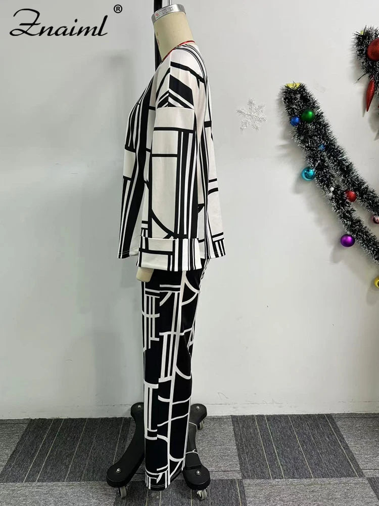 Znaiml Fashion Printing Wide Leg Pants Sets for Women O Neck Long Sleeve Loose Top and Trousers Two Pieces Streetwear Outfits