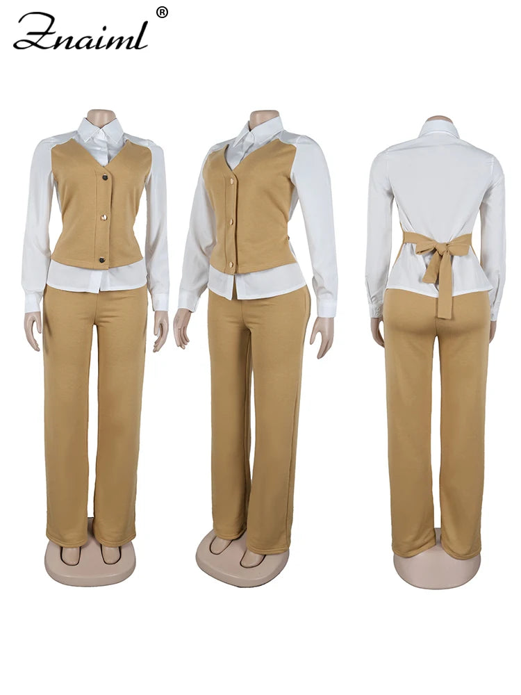 Znaiml Elegant Office Women's Long Sleeve Patchwork Vest Shirt and Straight Pants Two 2 Piece Sets Work Suits Matching Outfits