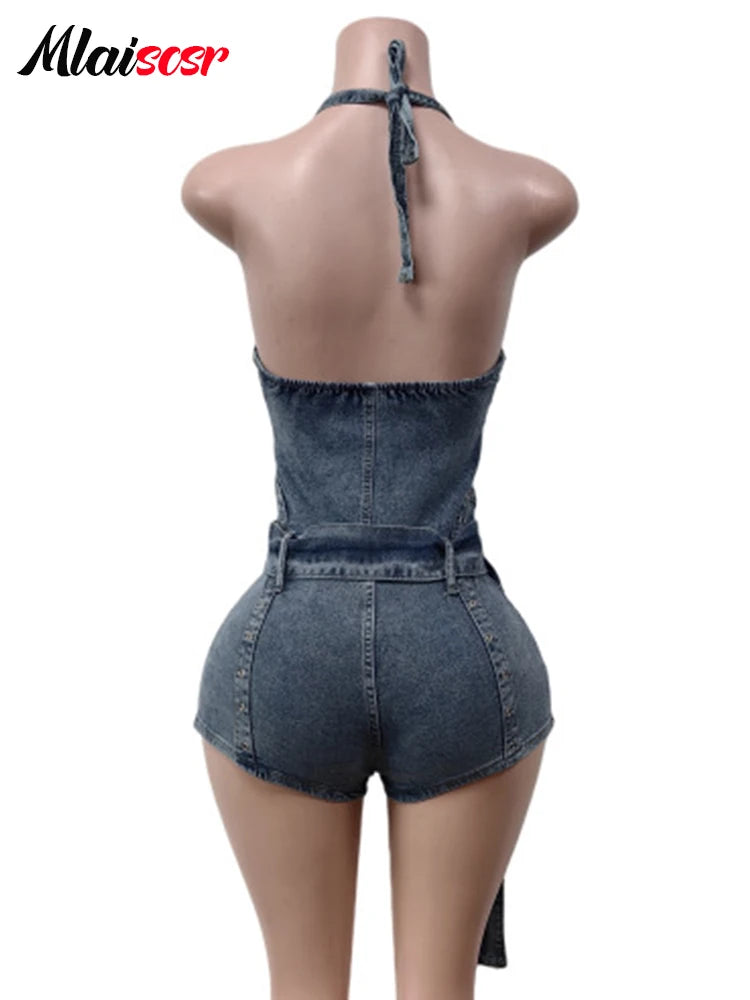 Mlaiscsr Blue Sleeveless Halter Backless Zipper Sashes Playsuits Jean Summer Women Fashion Streetwear Denim Shorts Jumpsuit y2k