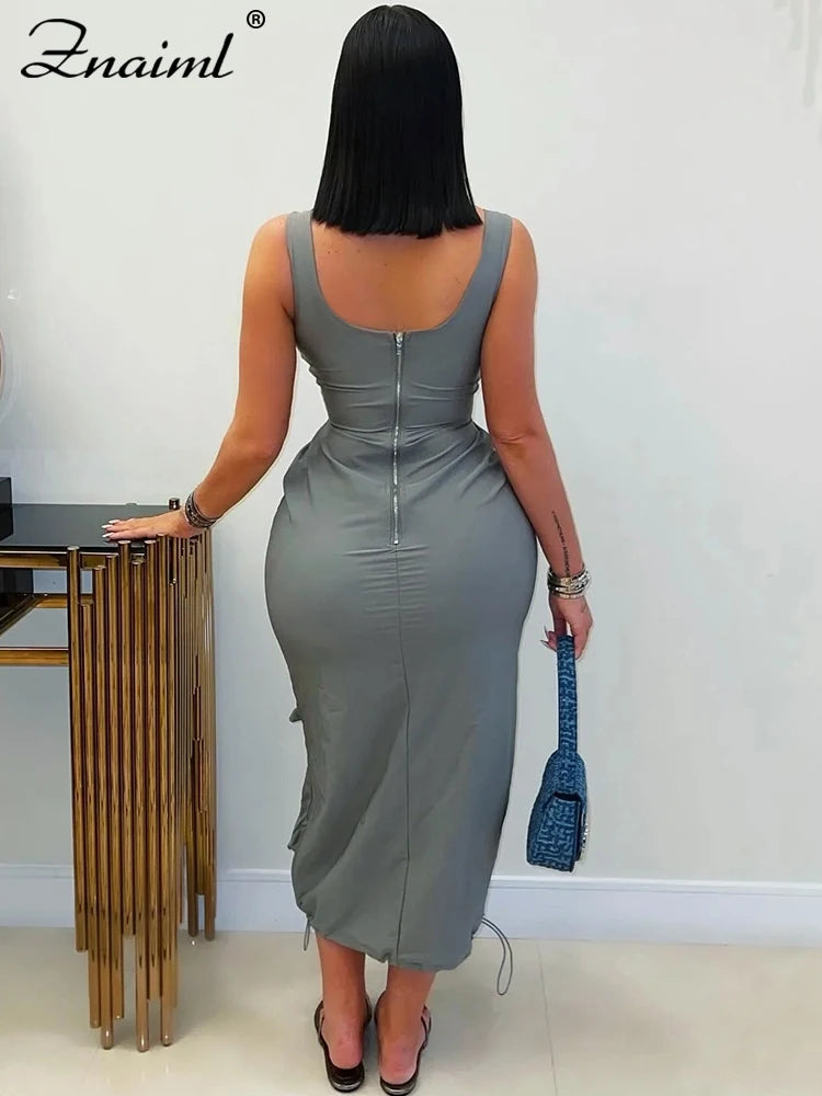 Znaiml Mult Pockets Patchwork Bodycon Mid Dress Woman Sleeveless Backless Zip Gray Cargo Dresses Birthday Club Party Vestidos