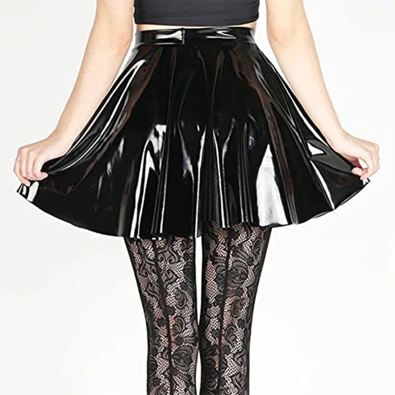 Women Gothic PVC A-line Skating Skirt Shiny Patent Leather Pleated Skirt Ladies High Waist Faux Latex Mini Skirt Custom Clubwear